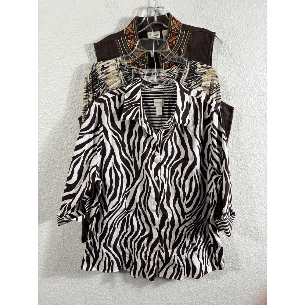 Chicos Lot of 3 Womens Size‎ 3 Zebra Print Shirt Embroidered Vest Brown Top